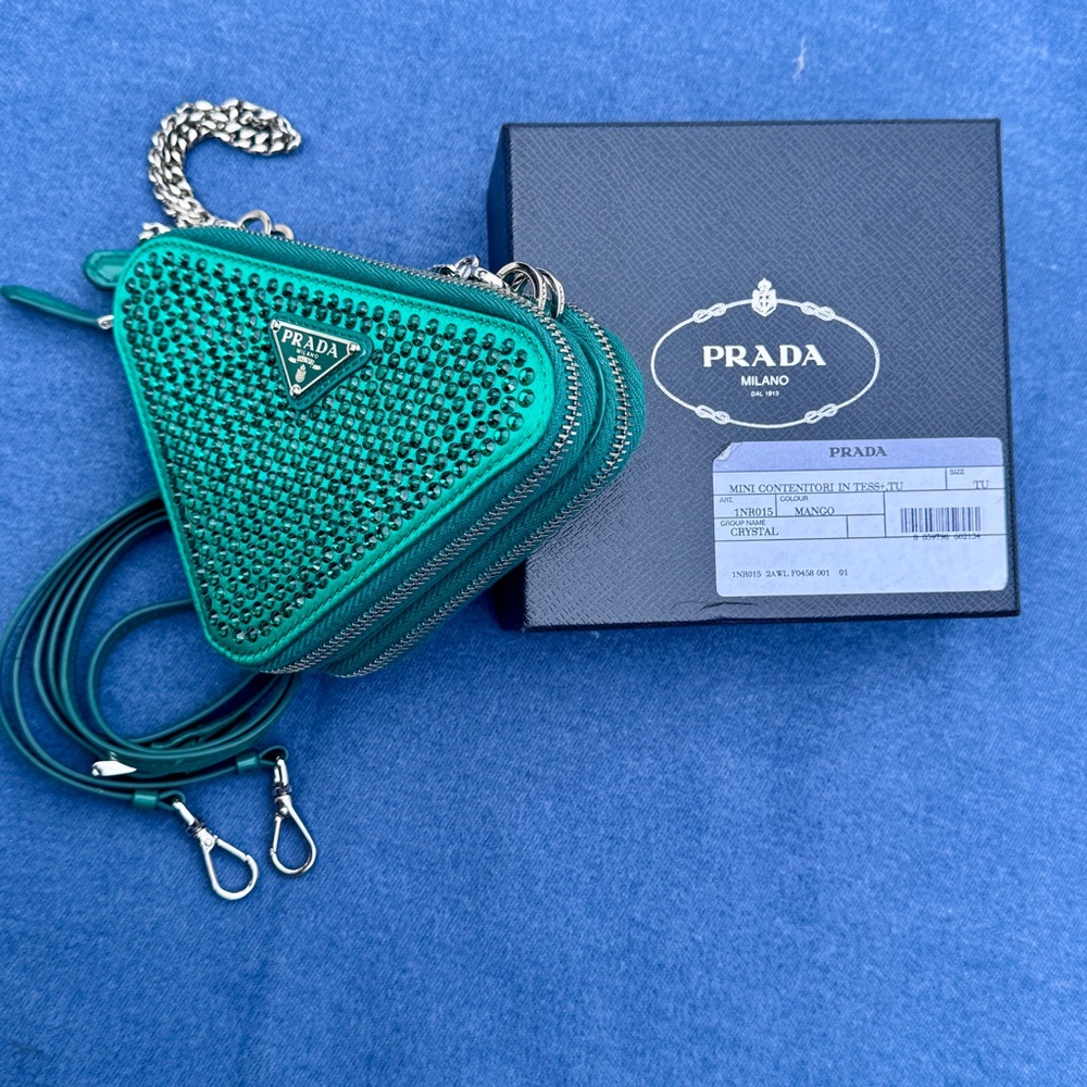 Prada green mini triangle glitter crossbody pouch new